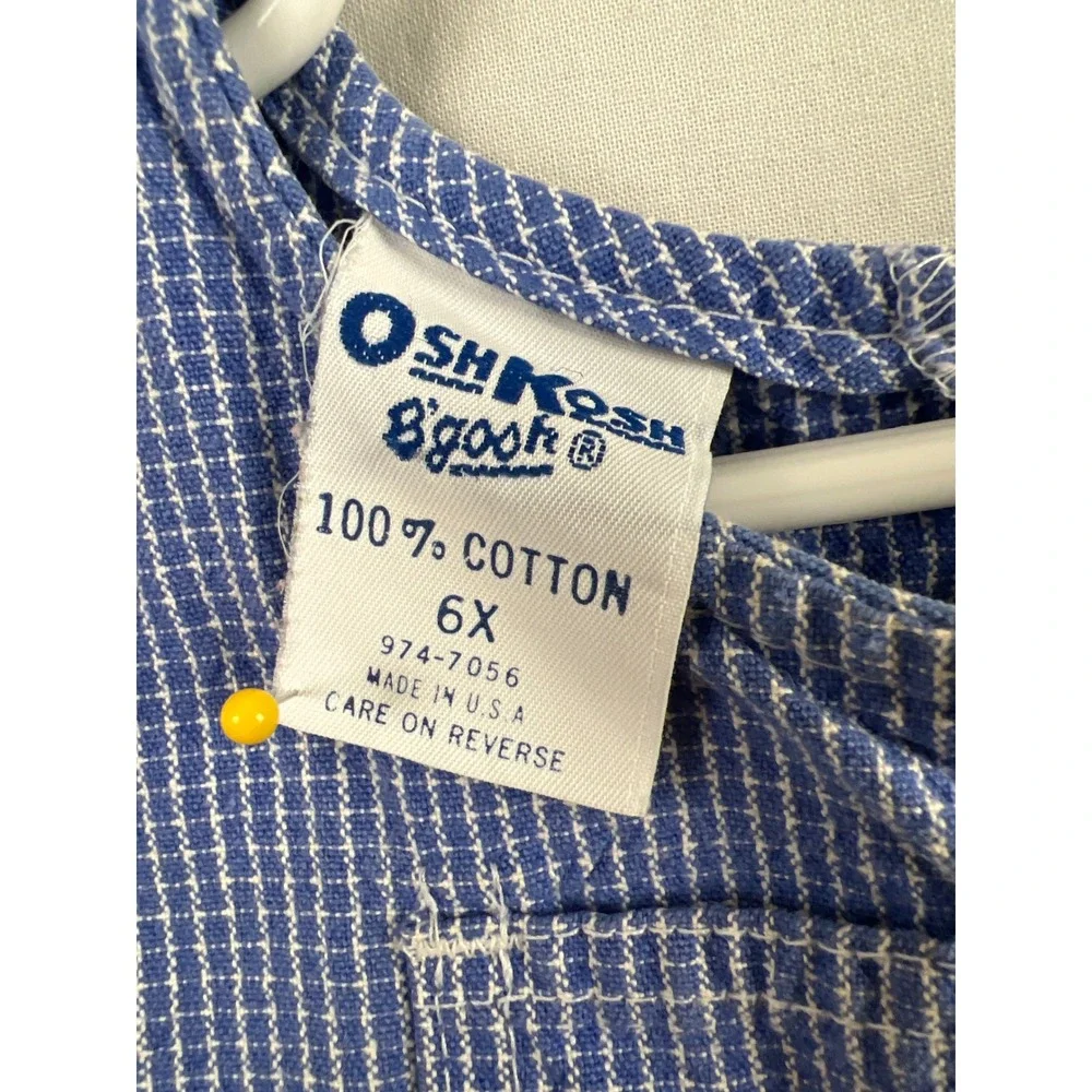 Vintage OshKosh Bgosh Jumper Dress Kids 6X Blue Gingham Floral Embroidery USA